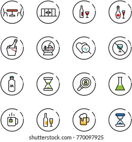 line vector icon set - cafe vector, automatic doors, wine, champagne, snowball house, heart diagnosis, no alcohol sign, milk, sand clock, head hunter, flask, green tea, beer