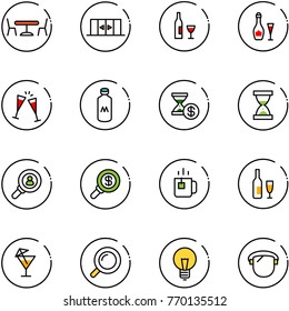 line vector icon set - cafe vector, automatic doors, wine, glasses, milk, account history, sand clock, head hunter, search money, green tea, drink, magnifier, bulb, protect glass