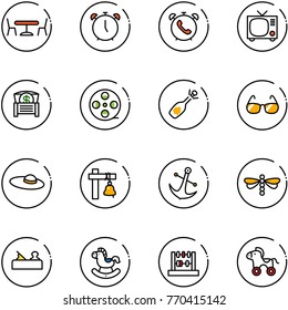 line vector icon set - cafe vector, alarm clock, phone, tv, money chest, film coil, fizz opening, sunglasses, woman hat, ship bell, anchor, dragonfly, jointer, rocking horse, abacus, wheel