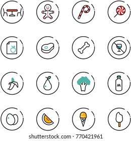 line vector icon set - cafe vector, cake man, lollipop, diet list, meat, broken bone, no alcohol sign, banana, pear, broccoli, milk, eggs, watermelone, ice cream