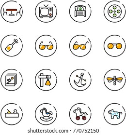 line vector icon set - cafe vector, tv, money chest, film coil, fizz opening, sunglasses, photo, ship bell, anchor, dragonfly, jointer, rocking horse, wheel, toy