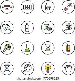line vector icon set - cafe vector, automatic doors, wine, champagne, heart diagnosis, milk, account history, head hunter, search money, flask, sand clock, drink, magnifier, bulb, protect glass