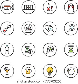line vector icon set - cafe vector, automatic doors, wine, glasses, champagne, snowball house, heart diagnosis, bacteria, milk, account history, head hunter, sand clock, drink, beer, bulb