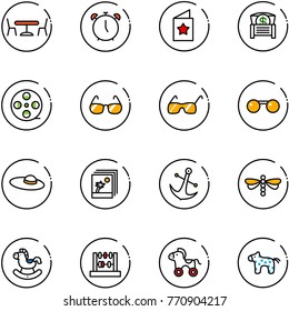 line vector icon set - cafe vector, alarm clock, star postcard, money chest, film coil, sunglasses, woman hat, photo, anchor, dragonfly, rocking horse, abacus, wheel, toy