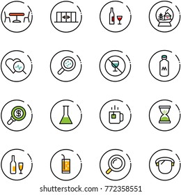 line vector icon set - cafe vector, automatic doors, wine, snowball house, heart diagnosis, bacteria, no alcohol sign, milk, search money, flask, green tea, sand clock, drink, magnifier