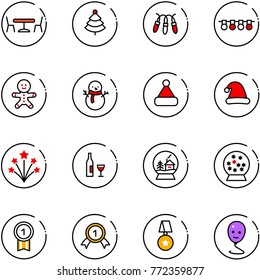 line vector icon set - cafe vector, christmas tree, garland, cake man, snowman, hat, firework, wine, snowball house, gold medal, star, balloon smile