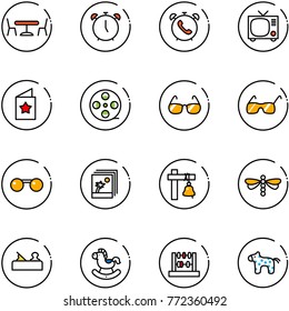 line vector icon set - cafe vector, alarm clock, phone, tv, star postcard, film coil, sunglasses, photo, ship bell, dragonfly, jointer, rocking horse, abacus, toy