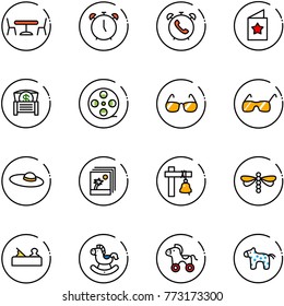 line vector icon set - cafe vector, alarm clock, phone, star postcard, money chest, film coil, sunglasses, woman hat, photo, ship bell, dragonfly, jointer, rocking horse, wheel, toy