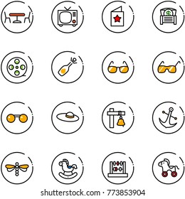 line vector icon set - cafe vector, tv, star postcard, money chest, film coil, fizz opening, sunglasses, woman hat, ship bell, anchor, dragonfly, rocking horse, abacus, wheel
