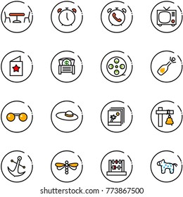 line vector icon set - cafe vector, alarm clock, phone, tv, star postcard, money chest, film coil, fizz opening, sunglasses, woman hat, photo, ship bell, anchor, dragonfly, abacus, toy horse