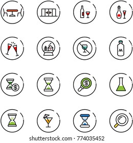 line vector icon set - cafe vector, automatic doors, wine, glasses, snowball house, no alcohol sign, milk, account history, sand clock, search money, flask, drink, magnifier