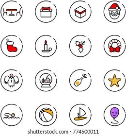 line vector icon set - cafe vector, gift, santa claus, christmas sock, candle, holly, wreath, angel, snowball house, fizz opening, starfish, swimming, ball, windsurfing, balloon smile