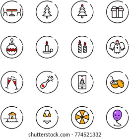 line vector icon set - cafe vector, christmas tree, gift, ball, candle, angel, wine glasses, champagne, mobile, coconut cocktail, bungalow, swimsuit, parasol, balloon smile