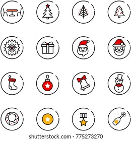 line vector icon set - cafe vector, christmas tree, firework, gift, santa claus, sock, ball, bell, snowman, wreath, star medal, fizz opening