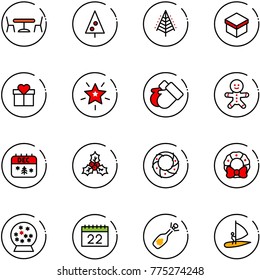 line vector icon set - cafe vector, christmas tree, gift, star, gloves, cake man, calendar, holly, wreath, snowball, fizz opening, windsurfing