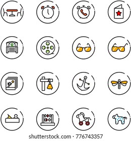 line vector icon set - cafe vector, alarm clock, phone, star postcard, money chest, film coil, sunglasses, photo, ship bell, anchor, dragonfly, jointer, abacus, wheel horse, toy