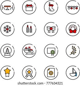 line vector icon set - cafe vector, gift, christmas sock, garland, snowflake, candle, bow, wreath, snowball tree, santa sleigh, certificate, golden branch, star medal, sailboat toy