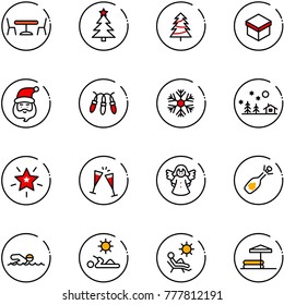 line vector icon set - cafe vector, christmas tree, gift, santa claus, garland, snowflake, landscape, star, wine glasses, angel, fizz opening, swimming, reading, beach, inflatable pool