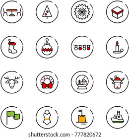 line vector icon set - cafe vector, christmas tree, firework, gift, sock, ball, garland, candle, deer, wreath, snowball house, hat, flag, swimsuit, sand castle, toy boat