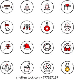 line vector icon set - cafe vector, christmas tree, gift, sock, garland, ball, cake man, lollipop, hat, wreath, angel, champagne, snowball, star medal