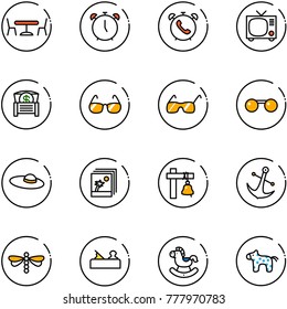 line vector icon set - cafe vector, alarm clock, phone, tv, money chest, sunglasses, woman hat, photo, ship bell, anchor, dragonfly, jointer, rocking horse, toy