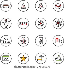 line vector icon set - cafe vector, christmas tree, gift, santa claus, garland, snowflake, landscape, cake man, mobile, sleigh, calendar, starfish, inflatable pool, toy boat