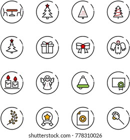 line vector icon set - cafe vector, christmas tree, gift, bow, angel, candle, bell, certificate, golden branch, star medal, horse stick toy