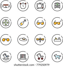 line vector icon set - cafe vector, alarm clock, tv, money chest, film coil, fizz opening, sunglasses, woman hat, dragonfly, jointer, rocking horse, abacus, wheel, toy