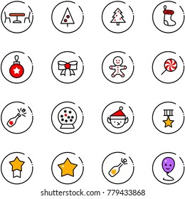 line vector icon set - cafe vector, christmas tree, sock, ball, bow, cake man, lollipop, champagne, snowball, elf, star medal, fizz opening, balloon smile