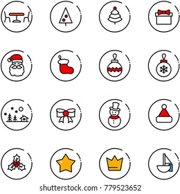 line vector icon set - cafe vector, christmas tree, gift, santa claus, sock, ball, landscape, bow, snowman, hat, holly, star medal, crown, sailboat toy