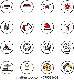 line vector icon set - cafe vector, gift, bow, christmas star, candle, gloves, hat, holly, wreath, snowball house, inflatable pool, swimsuit, parasol, ball