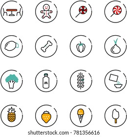 line vector icon set - cafe vector, cake man, lollipop, lemon, broken bone, sweet pepper, onion, broccoli, milk, spica, cereal, pineapple, strawberry, ice cream