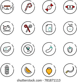 line vector icon set - cafe vector, lollipop, candy, turkey, santa stick, diet list, apple, meat, no alcohol sign, eggplant, sweet pepper, spica, watermelone, strawberry, sickle