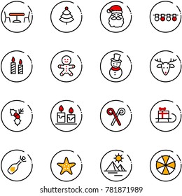 line vector icon set - cafe vector, christmas tree, santa claus, garland, candle, cake man, snowman, deer, holly, stick, sleigh gift, fizz opening, starfish, pyramid, parasol