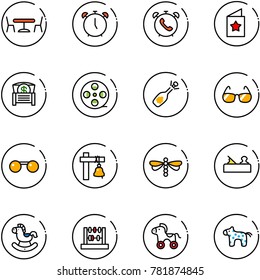 line vector icon set - cafe vector, alarm clock, phone, star postcard, money chest, film coil, fizz opening, sunglasses, ship bell, dragonfly, jointer, rocking horse, abacus, wheel, toy