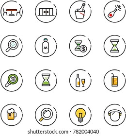 line vector icon set - cafe vector, automatic doors, champagne, bacteria, milk, account history, sand clock, search money, wine, drink, beer, magnifier, bulb, protect glass