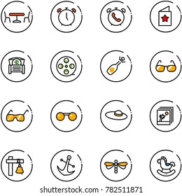 line vector icon set - cafe vector, alarm clock, phone, star postcard, money chest, film coil, fizz opening, sunglasses, woman hat, photo, ship bell, anchor, dragonfly, rocking horse
