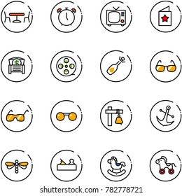 line vector icon set - cafe vector, alarm clock, tv, star postcard, money chest, film coil, fizz opening, sunglasses, ship bell, anchor, dragonfly, jointer, rocking horse, wheel