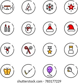 line vector icon set - cafe vector, christmas tree, snowflake, star, candle, snowman, hat, holly, santa stick, medal, king, butterfly, scythe, balloon smile, horse toy