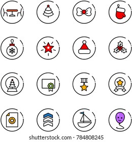 line vector icon set - cafe vector, christmas tree, bow, glove, ball, star, hat, holly, snowball, certificate, medal, chevron, sailboat toy, balloon smile