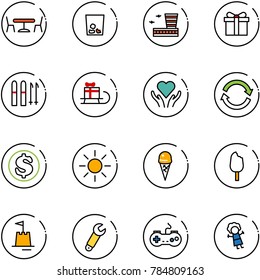 line vector icon set - cafe vector, trash, airport building, gift, ski, sleigh, heart care, refresh, dollar, sun, ice cream, sand castle, wrench, gamepad, doll
