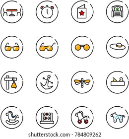 line vector icon set - cafe vector, alarm clock, star postcard, money chest, sunglasses, woman hat, ship bell, anchor, dragonfly, jointer, rocking horse, abacus, wheel, toy