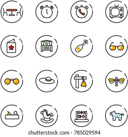 line vector icon set - cafe vector, alarm clock, phone, tv, star postcard, money chest, fizz opening, sunglasses, woman hat, ship bell, dragonfly, jointer, rocking horse, abacus, toy