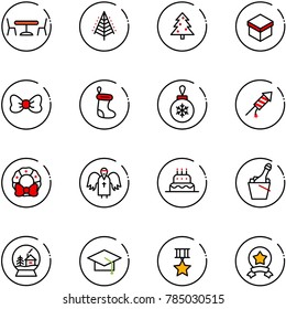 line vector icon set - cafe vector, christmas tree, gift, bow, sock, ball, firework rocket, wreath, angel, cake, champagne, snowball house, graduate hat, star medal