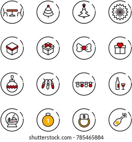 line vector icon set - cafe vector, christmas tree, firework, gift, bow, ball, garland, wine, snowball house, gold medal, finger ring, fizz opening