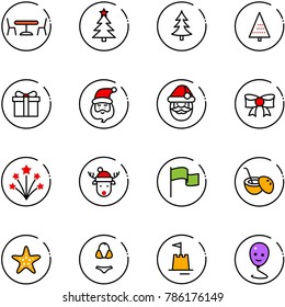 line vector icon set - cafe vector, christmas tree, gift, santa claus, bow, firework, deer hat, flag, coconut cocktail, starfish, swimsuit, sand castle, balloon smile