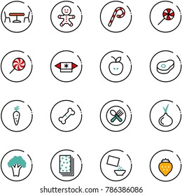 line vector icon set - cafe vector, cake man, lollipop, candy, apple, meat, carrot, broken bone, fork spoon plate, onion, broccoli, breads, cereal, strawberry