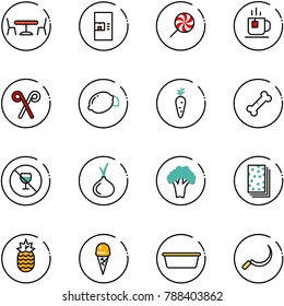 line vector icon set - cafe vector, coffee machine, lollipop, tea, santa stick, lemon, carrot, broken bone, no alcohol sign, onion, broccoli, breads, pineapple, ice cream, basin, sickle