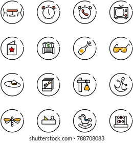 line vector icon set - cafe vector, alarm clock, phone, tv, star postcard, money chest, fizz opening, sunglasses, woman hat, photo, ship bell, anchor, dragonfly, jointer, rocking horse, abacus