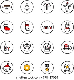 line vector icon set - cafe vector, christmas tree, gift, santa claus, sock, garland, snowman, wine, angel, snowball house, sleigh, elf, star medal